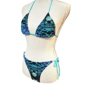 Abstract blue triangle halter bikini top and cheeky bottoms, medium